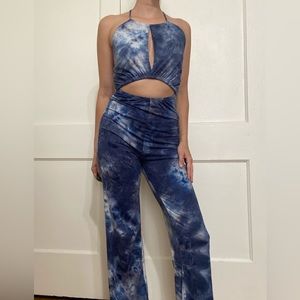 Windsor Halter Neck Cutout Blue Tie Dye Jumpsuit